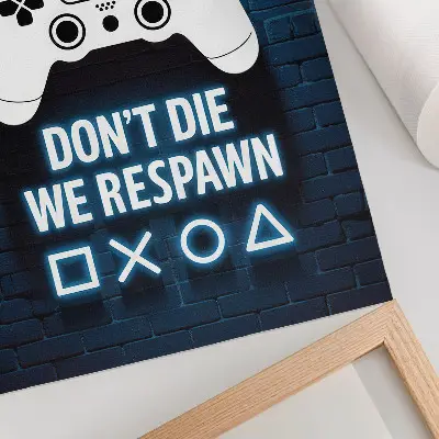 Art print featuring a blue brick wall with white controllers and lettering