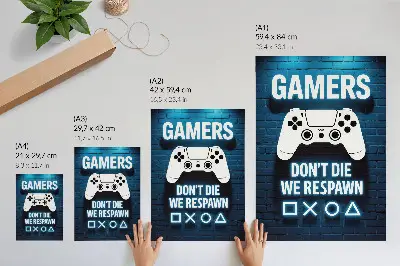 Art print featuring a blue brick wall with white controllers and lettering