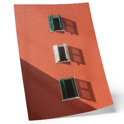 Decorative poster orange wall with three windows and green blinds