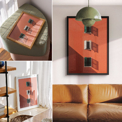 Decorative poster Orange wall, three windows, green blinds