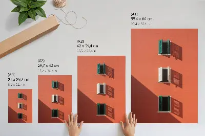 Decorative poster orange wall with three windows and green blinds