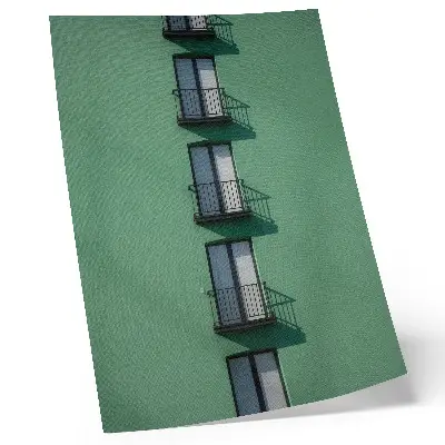 Poster green facade with windows, balconies, and shadows in a modern style