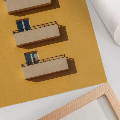 Art print yellow facade with four balconies in a minimalist composition