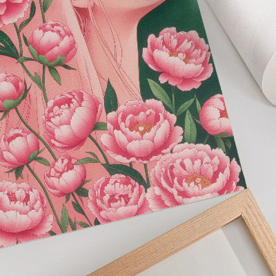 Premium wall art A woman among pink peonies against a green background