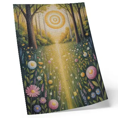 Decorative poster forest path featuring fresh flowers in the sun