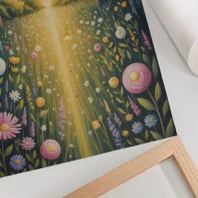 Decorative poster forest path featuring fresh flowers in the sun