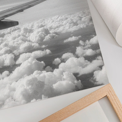 Decorative poster Airplane wing above the clouds black and white style