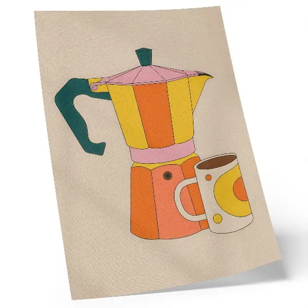 Geometric coffee pot and mug art print with vivid and optimistic colors