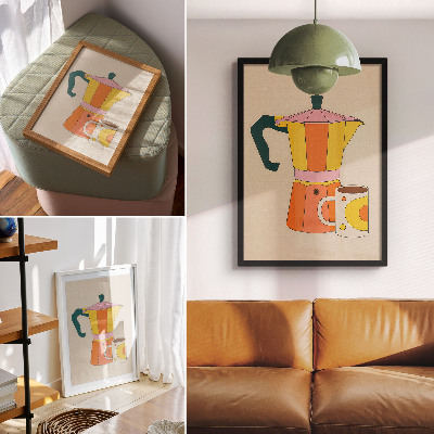 Art print Geometric coffee pot and mug, vivid and optimistic colors