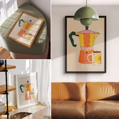 Geometric coffee pot and mug art print with vivid and optimistic colors