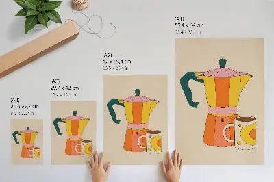 Geometric coffee pot and mug art print with vivid and optimistic colors