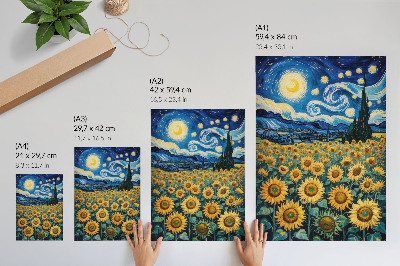 Poster A field of sunflowers under a starry sky