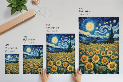 A field of sunflowers under a starry sky poster