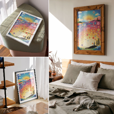 Art print Energetic rainbow circles against the backdrop of a sunset