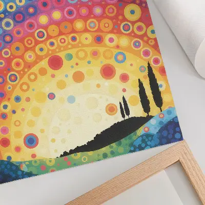 Art print energetic rainbow circles against a sunset backdrop