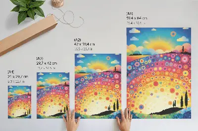 Art print energetic rainbow circles against a sunset backdrop