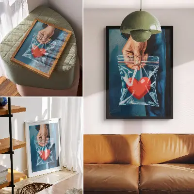 Art print with strong red and blue contrasts in a modern style