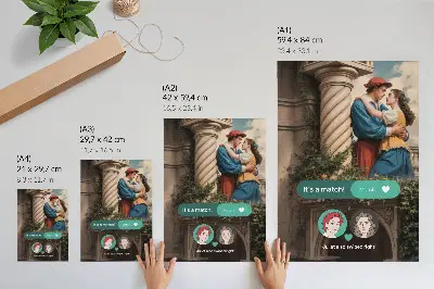 Decorative poster featuring a love scene with a classic atmosphere and green floral arrangement