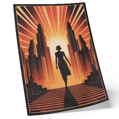 City silhouette poster with orange light and woman