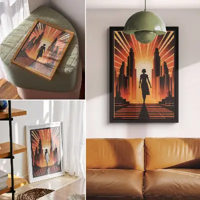 City silhouette poster with orange light and woman