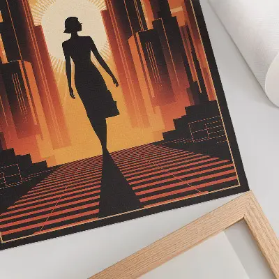 City silhouette poster with orange light and woman