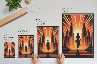 City silhouette poster with orange light and woman