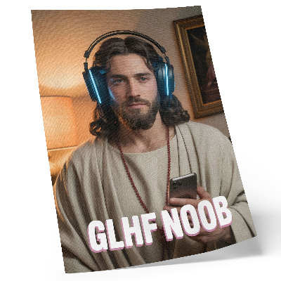 Art print Man in headphones smartphone rosary inscription