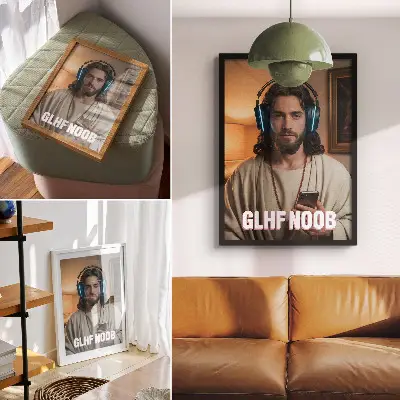 Art print man in headphones with a smartphone and rosary inscription
