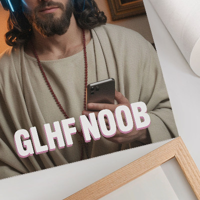 Art print Man in headphones smartphone rosary inscription