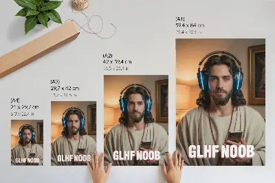Art print man in headphones with a smartphone and rosary inscription