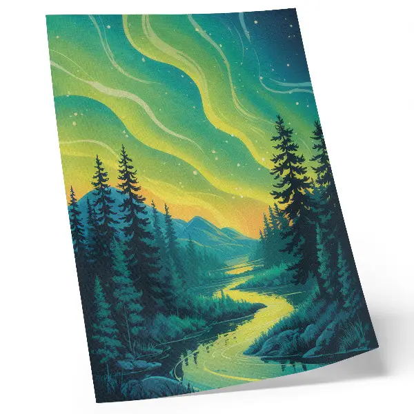 Art print aurora over a forest and river in harmonious colors