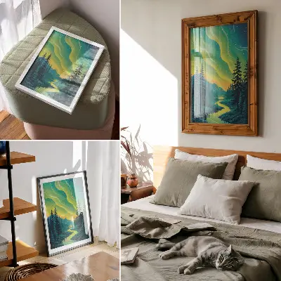 Art print aurora over a forest and river in harmonious colors