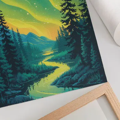Art print aurora over a forest and river in harmonious colors