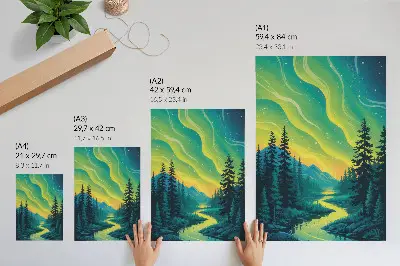 Art print aurora over a forest and river in harmonious colors