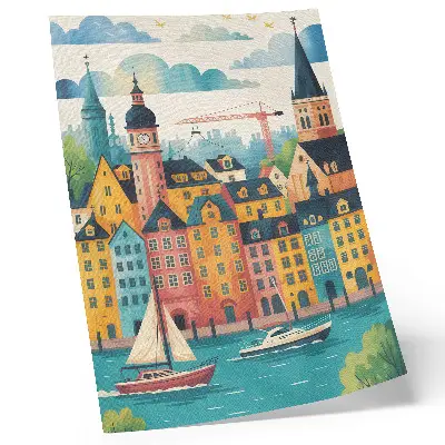 Decorative poster colorful buildings by calm water in a mild climate