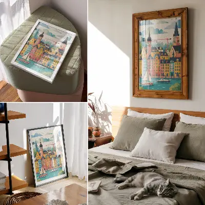 Decorative poster colorful buildings by calm water in a mild climate