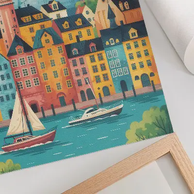 Decorative poster colorful buildings by calm water in a mild climate