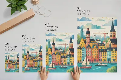Decorative poster colorful buildings by calm water in a mild climate