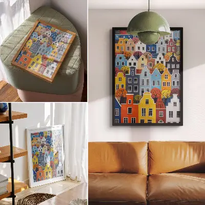 Poster colorful tenement houses of different shapes and colors in harmony