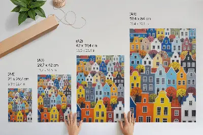 Poster colorful tenement houses of different shapes and colors in harmony