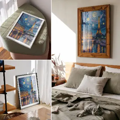 Premium wall art Paris at night with a full moon and Eiffel Tower