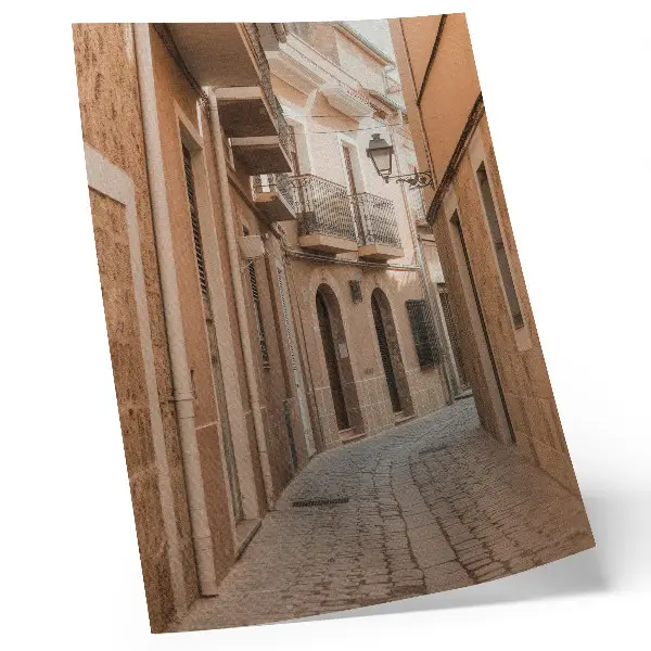Decorative poster narrow street with stone buildings in warm shades