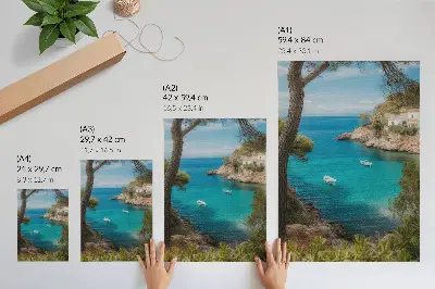 Poster a picturesque landscape featuring a bay with boats and a house