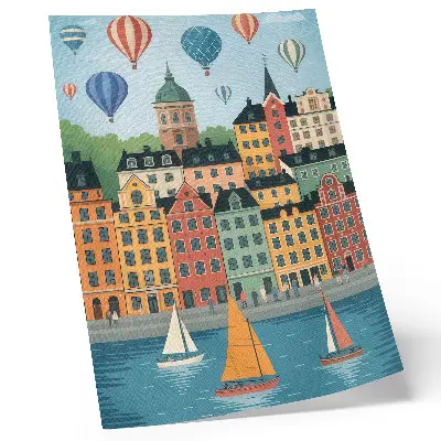 Premium wall art featuring colorful tenement houses, balloons, and sailboats