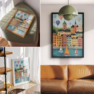 Premium wall art featuring colorful tenement houses, balloons, and sailboats