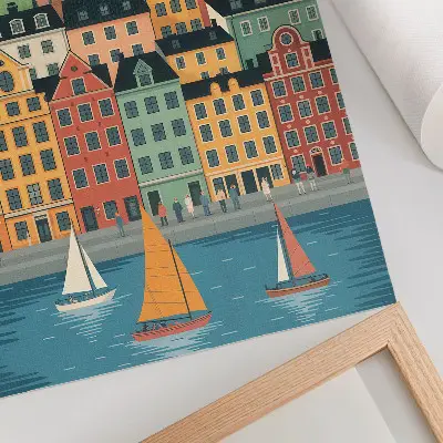 Premium wall art featuring colorful tenement houses, balloons, and sailboats