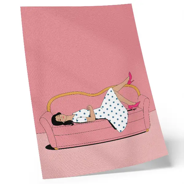 Art print peaceful relaxation scene of a woman on a pink sofa