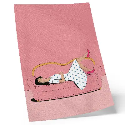 Art print peaceful relaxation scene of a woman on a pink sofa