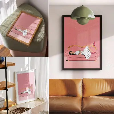 Art print peaceful relaxation scene of a woman on a pink sofa
