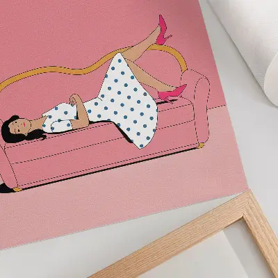 Art print peaceful relaxation scene of a woman on a pink sofa